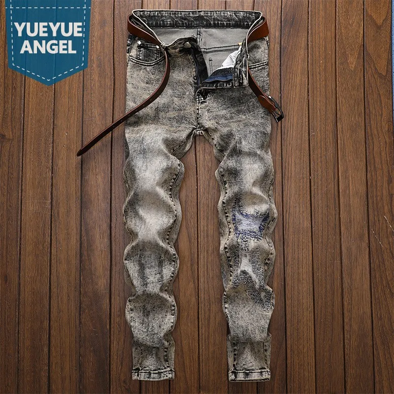 

Vintage Mens Hole Ripped Straight Slim Fit Jeans Embroidery Patchwork Biker Pants Casual Streetwear Retro Cowboy Denim Pants 38