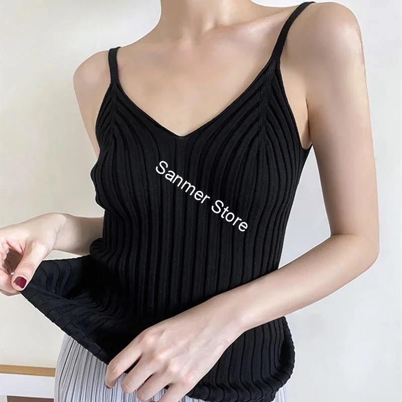 

Women Knit V-neck Vest Simple Solid Color Slim Sleeveless Top Stretch Knit Tank Tops