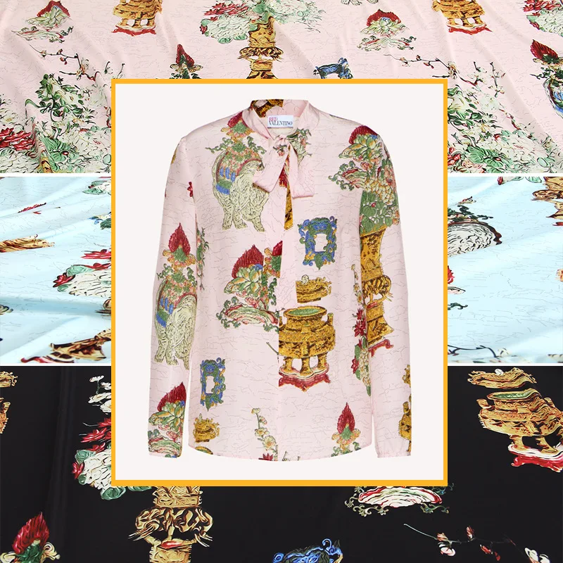 145 * 100cm Spring and Summer New Chiffon Satin Fabric Vintage Vase Hand-Painted Pattern Shirt Clothing Printing 3 Colors | Дом и сад