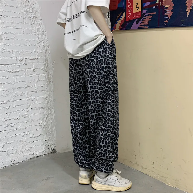 

Harajpoo Women Pants Korean Version Retro Black Leopard Print Drape Footwear Casual Loose High Waist Straight Wide Leg Trousers