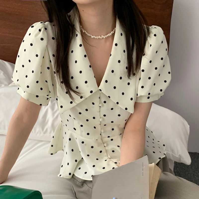 

Kimotimo Polka Dot Shirts Women Korean Chic Vintage Turn-down Collar Waist Short Ladies Tops Summer Puff Sleeve Ruffles Blouse