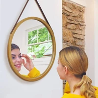 hanging round wall mirror in bathroom bedroom solid bamboo frame adjustable leather strap bamboo 15 inch