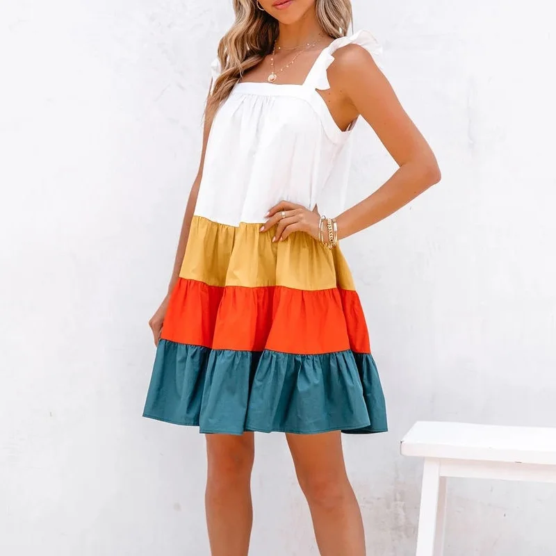 

Women Elegant Square Collar Spring Summer Dress Casual Patchwork Sleeveless Party Dresses Fashion Ruffle Straps Loose Mini Dress