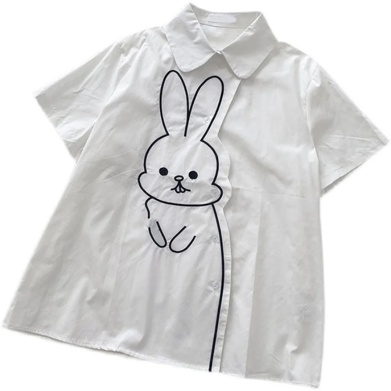 

Kimutomo Short Sleeve White Shirt Women 2021 Summer New Korean Ins Japanese Cute Girl Print Rabbit Top Female Simple Blouse