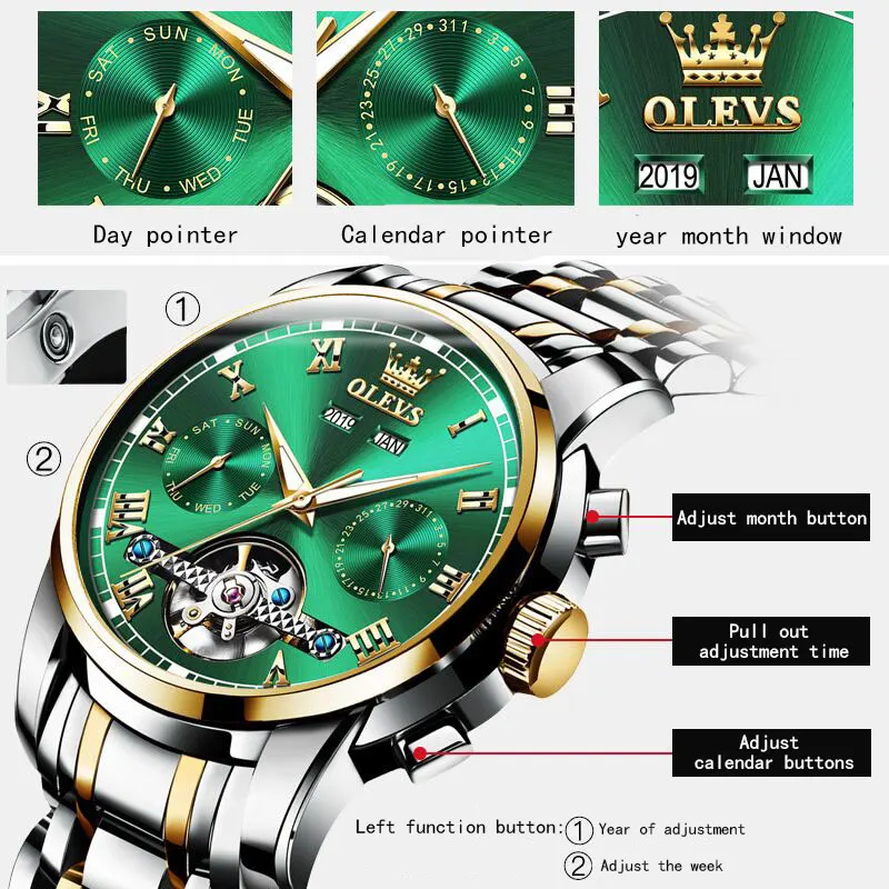 OLEVS светящиеся многофункциональные полнофункциональные механические часы