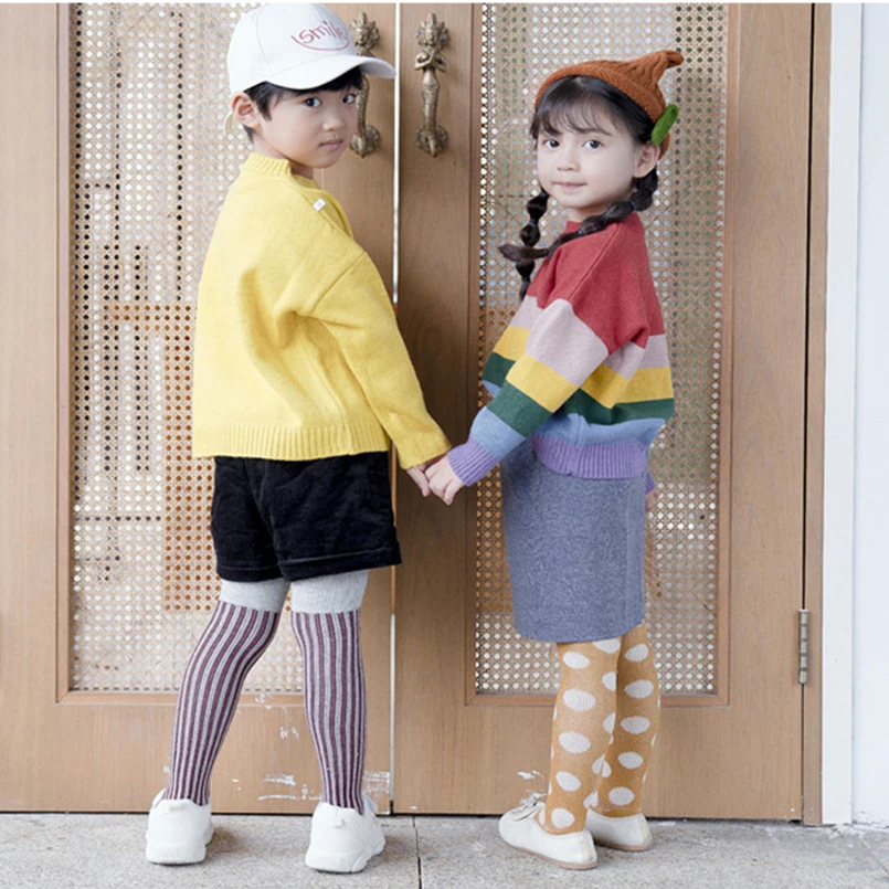 Теплые детские колготки на весну и осень Хлопковые вязаные в горошек для девочек