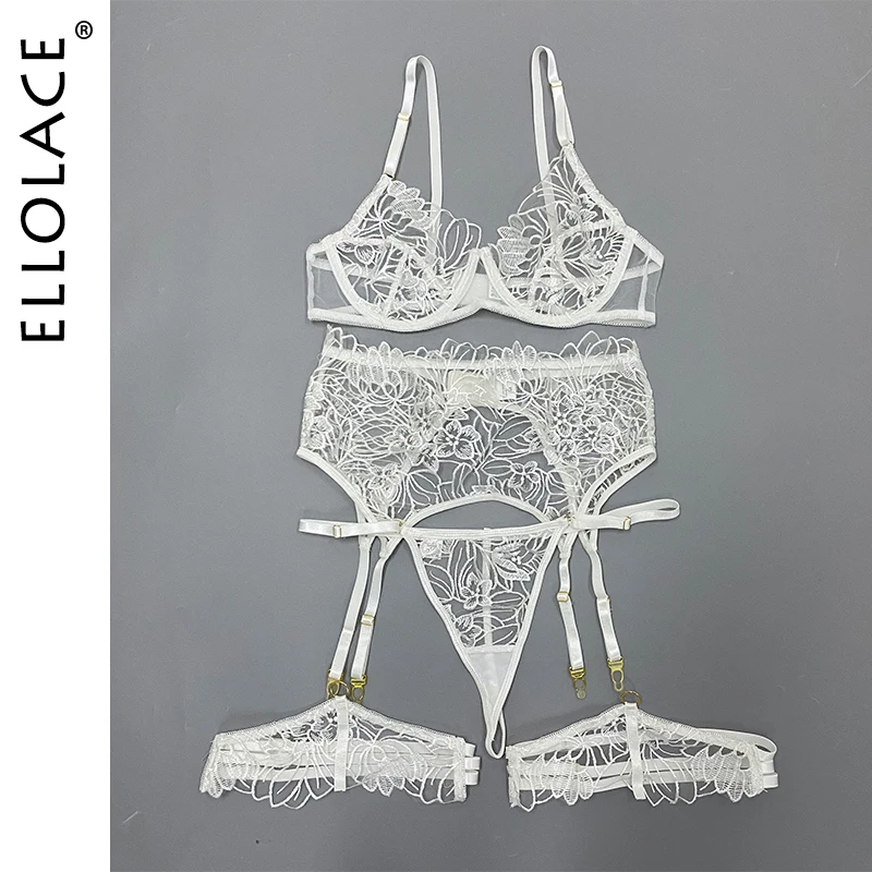 

Ellolace Sexy Lingerie Floral Embroidery Erotic Underwear Brief Sets with Garters Transparent Underwire Bra Short Skin Care Kits