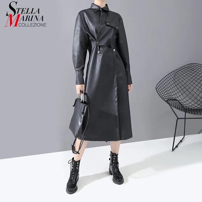 Новинка 2019 корейский стиль женское черное платье рубашка из искусственной кожи