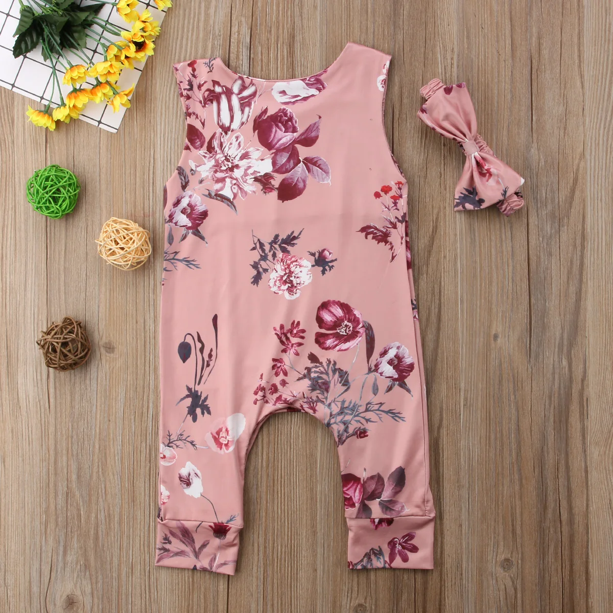 

2Pcs Summer Newborn Baby Girls Clothing Sleevless Floral Printed Romper Jumpsuit with Headband Set Clothes Sunsuit Outfits 0-24M