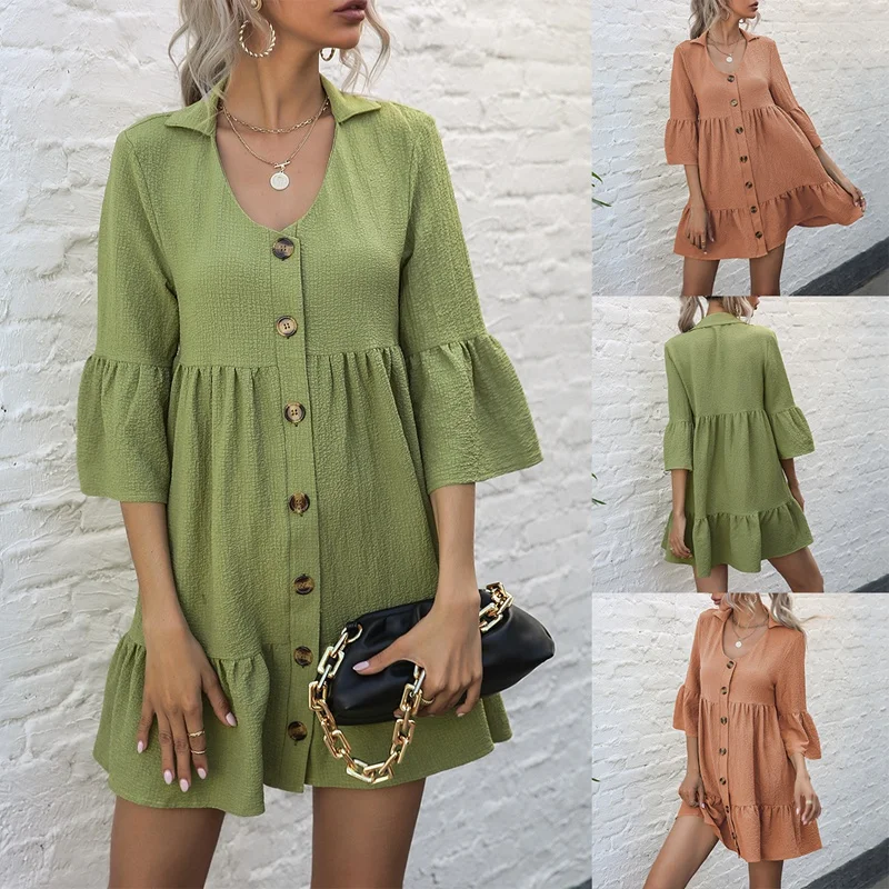 

Женское повседневное летнее однотонное платье, свободное Плиссированное Платье-рубашка с отложным воротником и рукавом средней длины