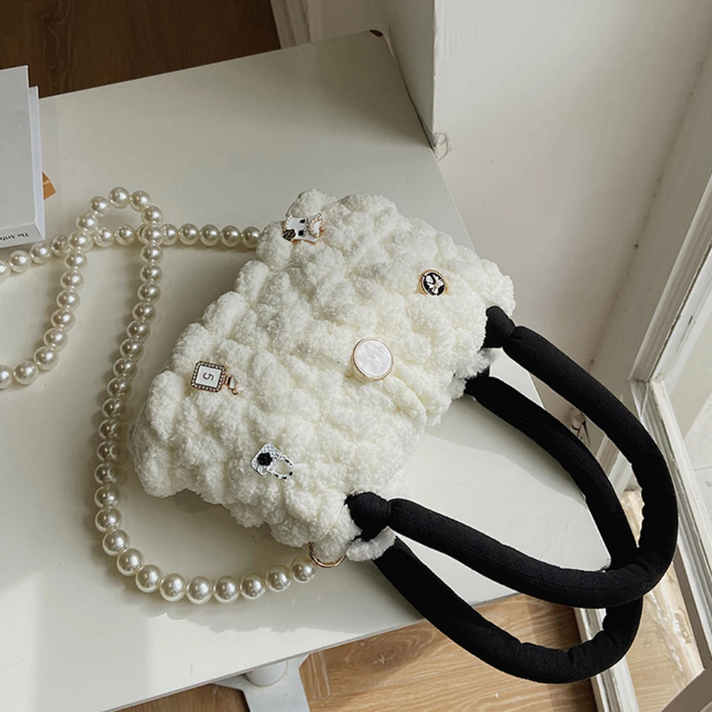 

Women DIY Knit Handbags Cute Casual Hit Color Tote Pearl Chain Purse Women Autumn Winter Gifts Plush Handbags