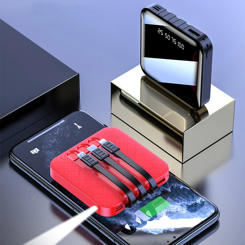 

20000mAh Mini Power Bank Built in Cable Portable Charger External Battery Powerbank for iPhone Huawei Samsung Xiaomi Poverbank