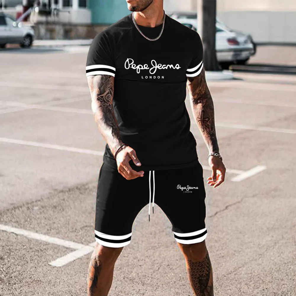 

2021 new Men's Sports Suit short sleeve T-shirt + Shorts 2 pieces Breathable Suit for Men Casual Sportswear Running Suit