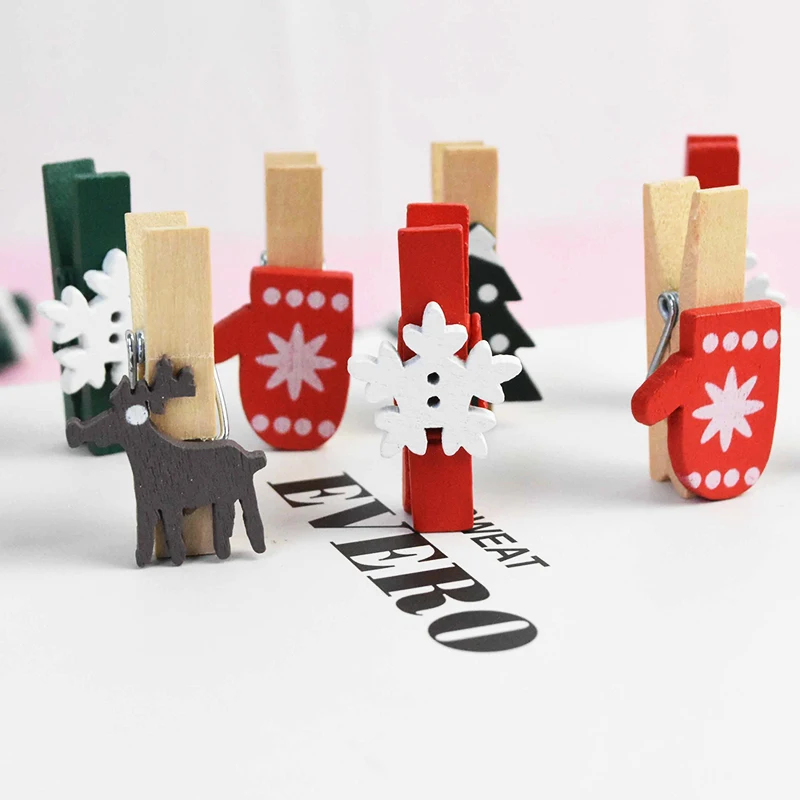 20Pcs/Lot Christmas Tree Elk Goves Wood Clips Snowflake Mini Wooden Clothes Photo Frame Paper Peg Pin Clothespin Craft | Дом и сад