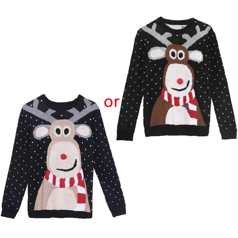 

Women Winter Ugly Christmas Long Sleeve Sweater Cute Reindeer Print 3D Nose Pom Pom Pullover Tops Round Neck Loose Holiday Jumpe