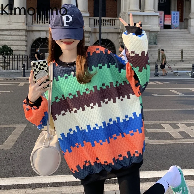 

Kimotimo Fashion Pullover Women Korean Chic High Street O-neck Color Contrast Sweatshirt Autumn Winter Long-sleeved Gothic Tops