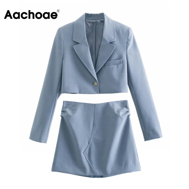 

Комплект из двух предметов Aachoae Женский, модный Голубой пиджак с отложным воротником и Короткие плиссированные Стильные комплекты мини-юбк...