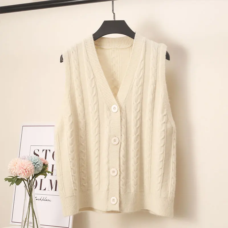 

Knitted Vest Women's Cardigan 2022 Autumn And Winter Fashion New Loose Sleeveless V-neck Twist Stripe Solid Color Sweater