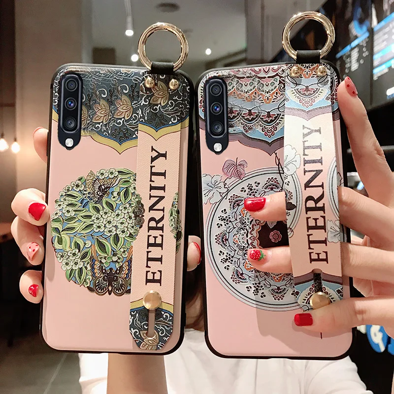 Матовый чехол с 3D рельефным цветком для samsung Galaxy S10e S9 S8 S10 Plus Note 8 9, ремешок на руку, мягкий чехол, роскошный чехол с подставкой