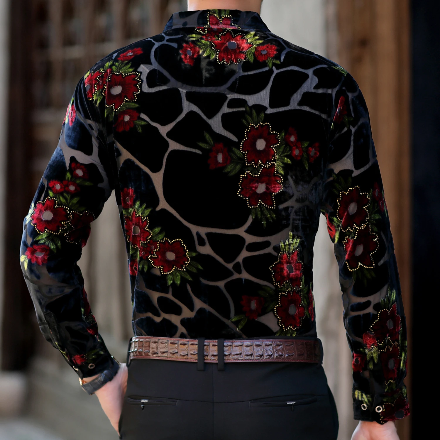 Осенняя шелковая рубашка с большими цветами прозрачная Мужская Сексуальная