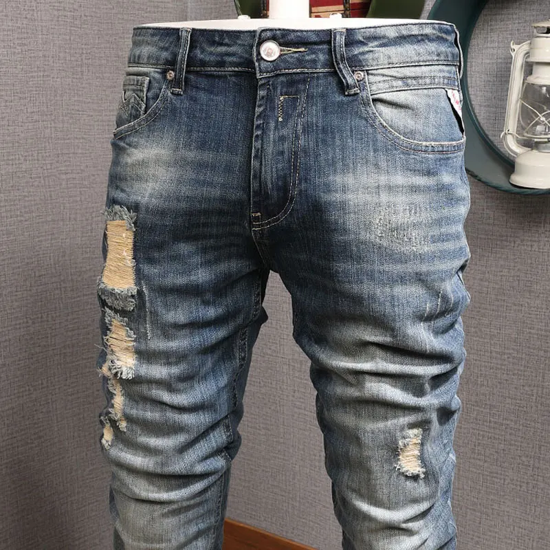European Vintage Fashion Men Jeans Retro Blue Elastic Slim Fit Ripped Jeans Men Distressed Designer Casual Destroyed Denim Pants