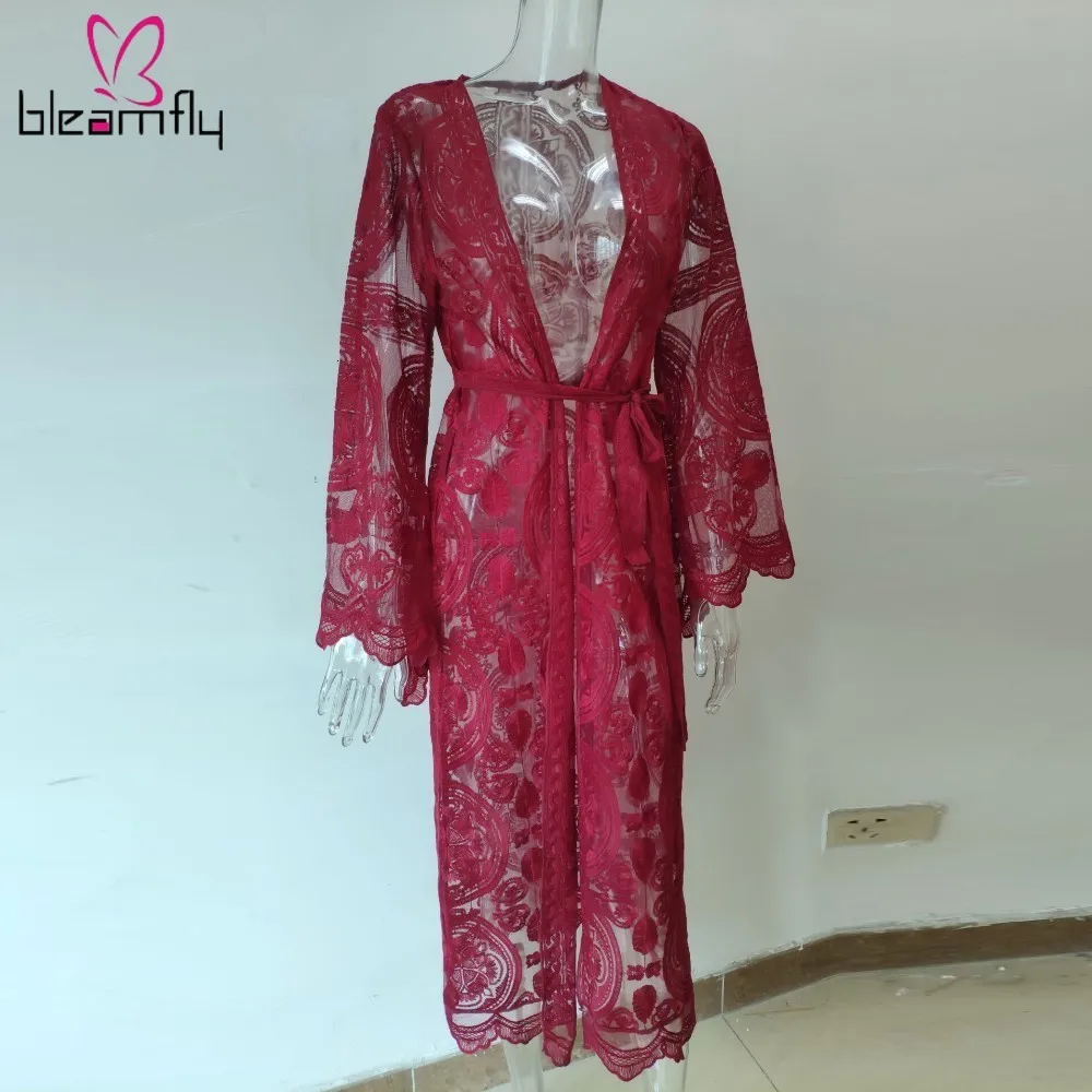 Женское кружевное длинное кимоно Boho осенне-летняя блузка с длинным рукавом
