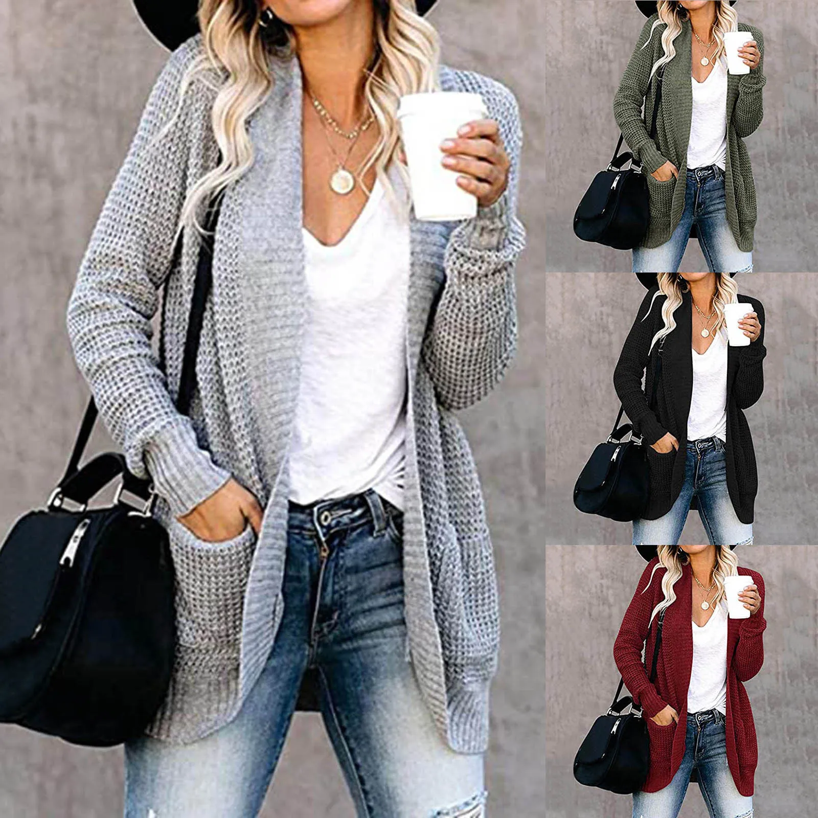 

New Autumn Winter Long Sleeve Knitted Cardigan Women Fluffy Sweater Pocket Outwear Coat Jacket Ladies Korean Basic Sweater Black