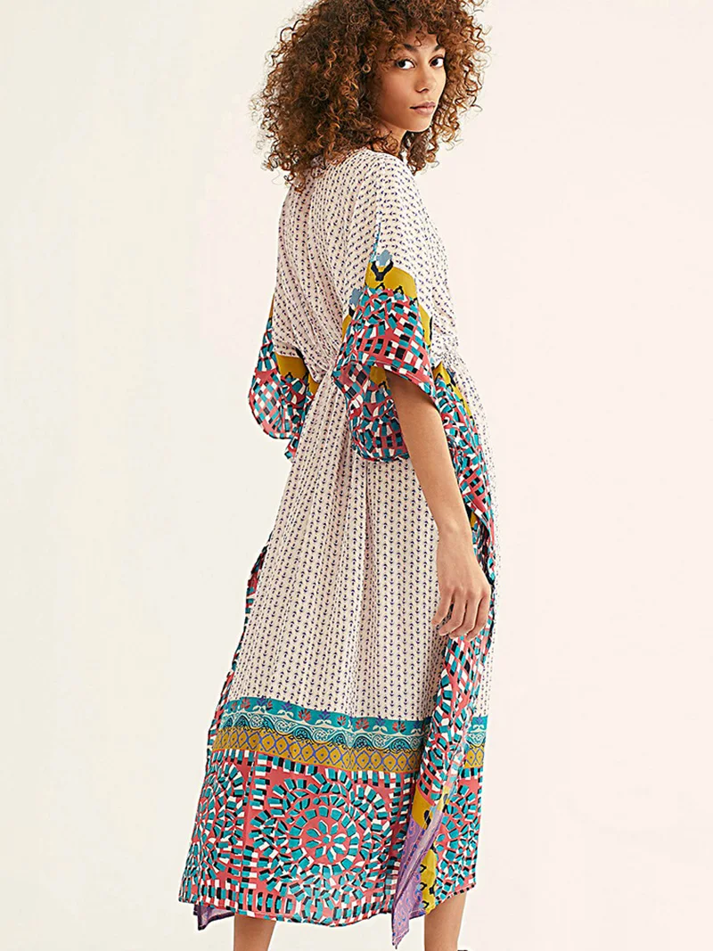 Fitshinling Geometric Print Vintage Maxi Dress Beach Wear 2020 V Neck Batwing Sleeve Pareo Oversize Robe Swimsuits Cover Up New | Женская