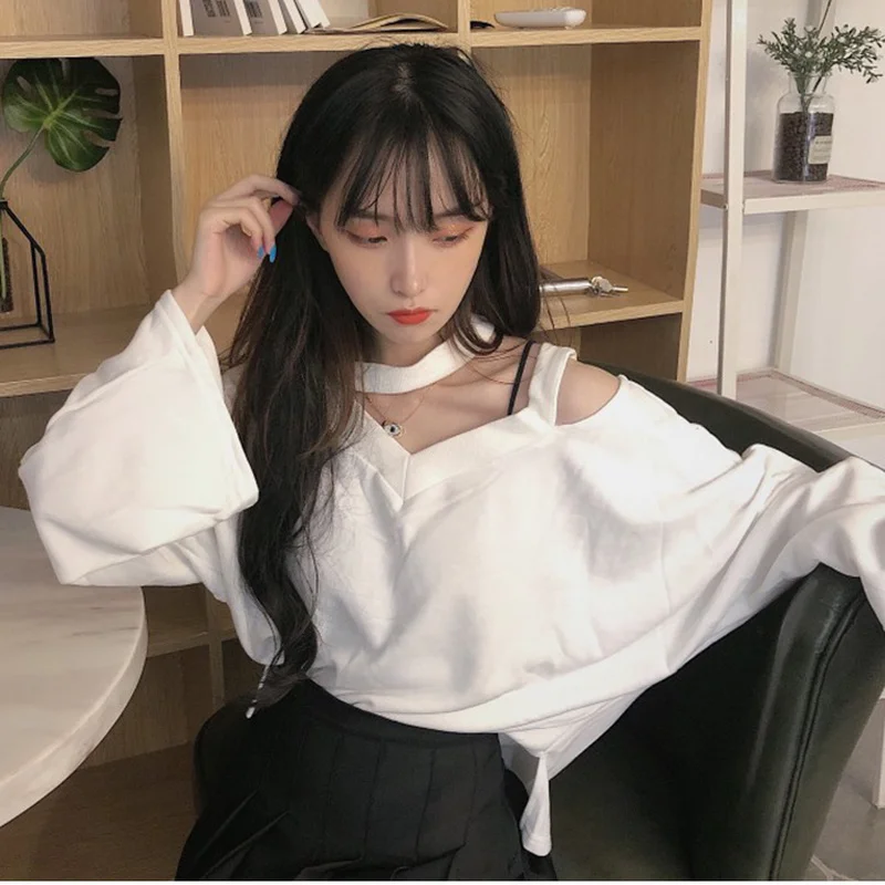 Женская футболка с длинным рукавом V-образным вырезом свободный весенний ажурный