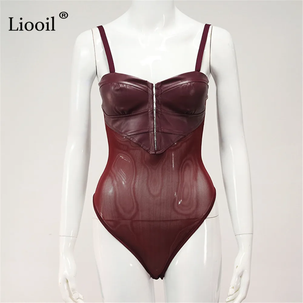 

Liooil Patchwork Leather Mesh Sheer Bodysuit Sexy Body Suits Tops For Women 2021 Sleeveless Button Up Bodycon Rompers Jumpsuit