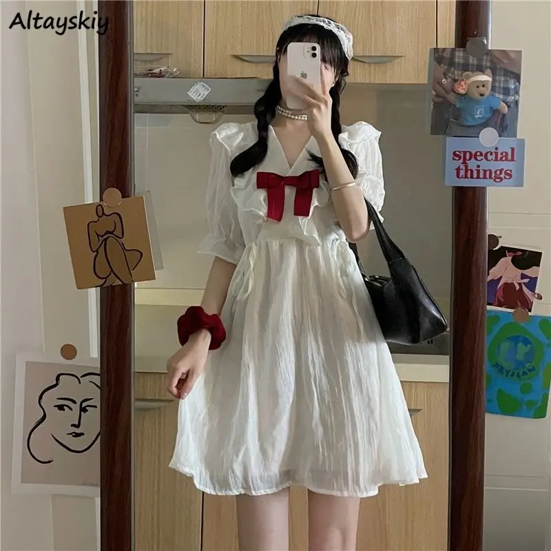 

Mini Dresses Women Kawaii Preppy Ruffles V-neck Cozy High Waist Sweet Girls Ulzzang Lovely Japanese Style Holiday Female Summer