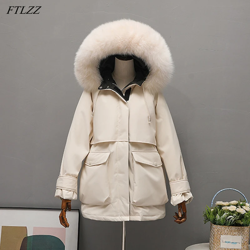 

FTLZZ New Winter Women Large Faux Fur Collar Down Coat Thickness Warm Hooded 90% White Duck Down Parkas Sash Tie Up Outwear