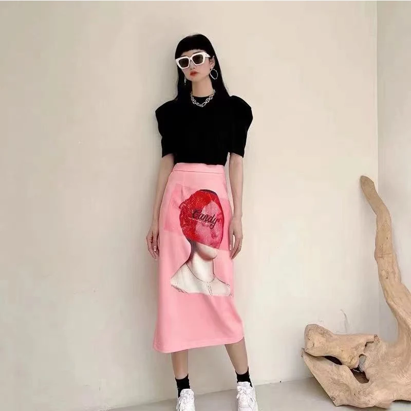 

HarleyFashion Europe America High Waist Vintage Personality Print Clothing For Women 2021 Summer Casual Quality Straight Skirt