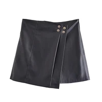 women chic fashion with decorative buttons faux leather shorts skirts vintage high waist side zipper female skort
