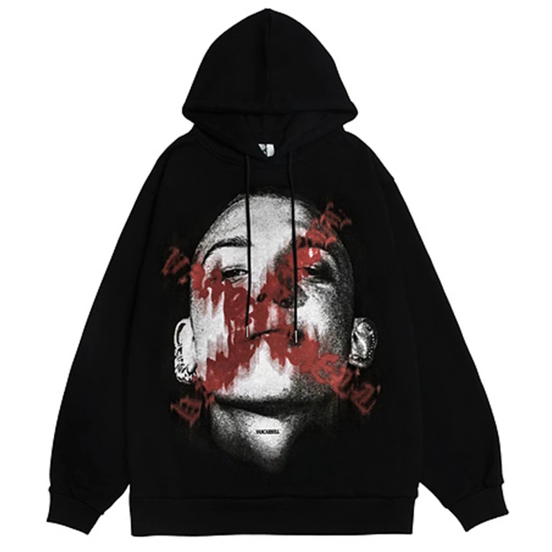 

Men Harajuku Letter Portrait Print Fleece Hoodie Coats Winter Oversized Cotton Tops Unisex Black White Thick Hoodies Pullover