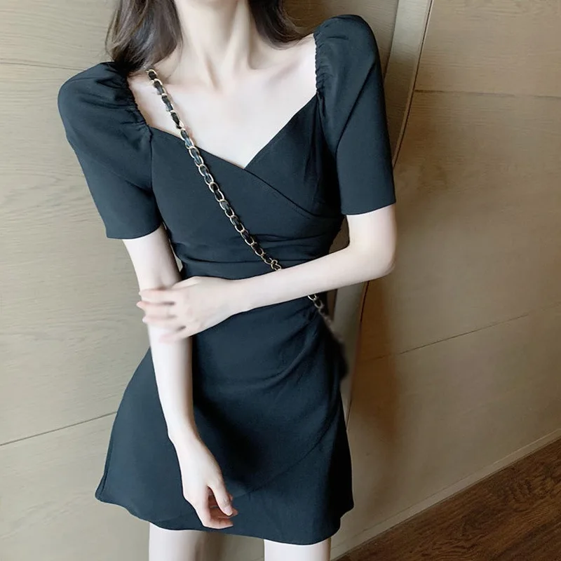 

Women's Temperament Casual Bubble Sleeve Show Thin Irregular A-Line Square Collar Above Knee Dress