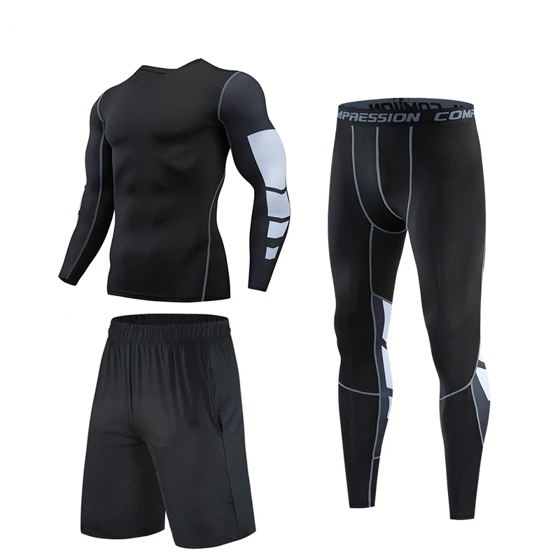 

Fashion Men Summer Long Sleeve T-Shirt Running Gym Clothes High Quality Exercise Jogger Workout Plus Size Skinny 3 Piece Suit