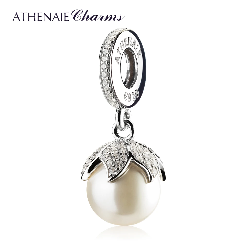 ATHENAIE 925 Sterling Silver with Pave Clear CZ Luminous Elegance White Pearl Drops Charms Fit Women Bracetes & Bangle Jewelry