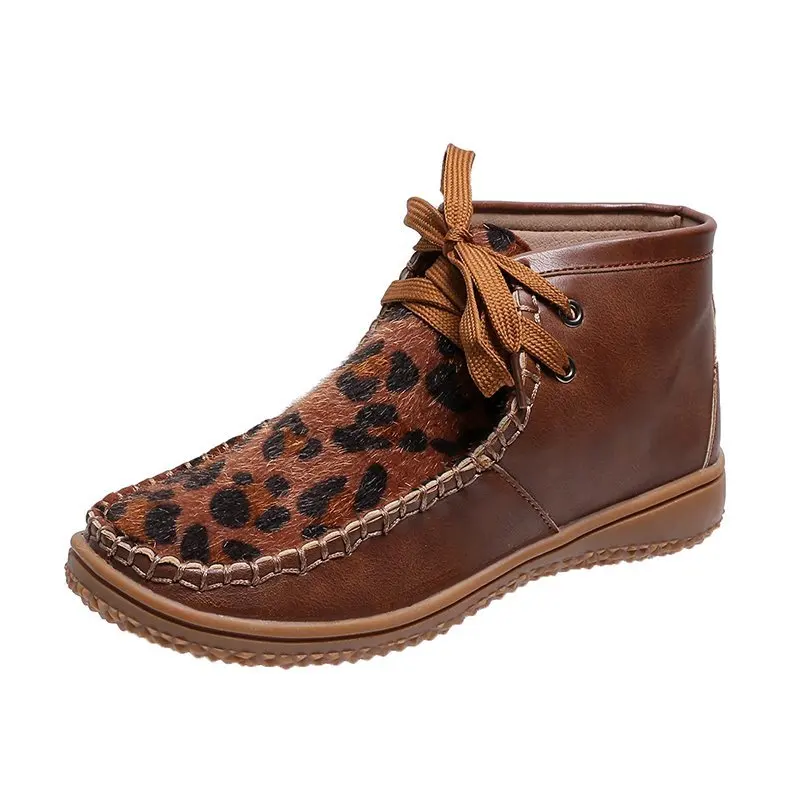 

2020 New Round Head Leopard Print Leather Boots 2020 Winter Ankle Boots for Women with Flat Bottoms Lace-Up Size 43 Women Shoes