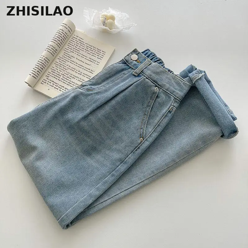 

ZHISILAO Elastic Waist Jeans Women Vintage Boyfriend Wide Leg Straight Cut Denim Pants Femme 2021 High Waist Mom Jeans