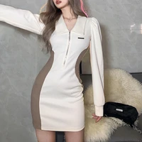 2021 autumn women sexy slim high waist fashion contrast color lapel long sleeve dress turn down collar patchwork mini dresses