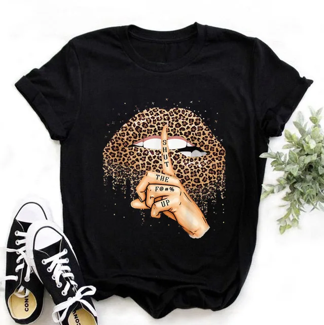 

Summer Fashion Shirt Lips Leopard Graphic T Shirt Women Tops Base O-neckBlack Tees Kiss Leopard Lip Funny Girls Tshirt 21