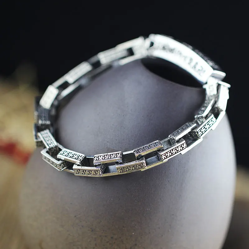 

Cool Men's Hand Jewelry S925 Sterling Silver Ornament Thai Silver Handmade Six-Character Mantra Bracelet