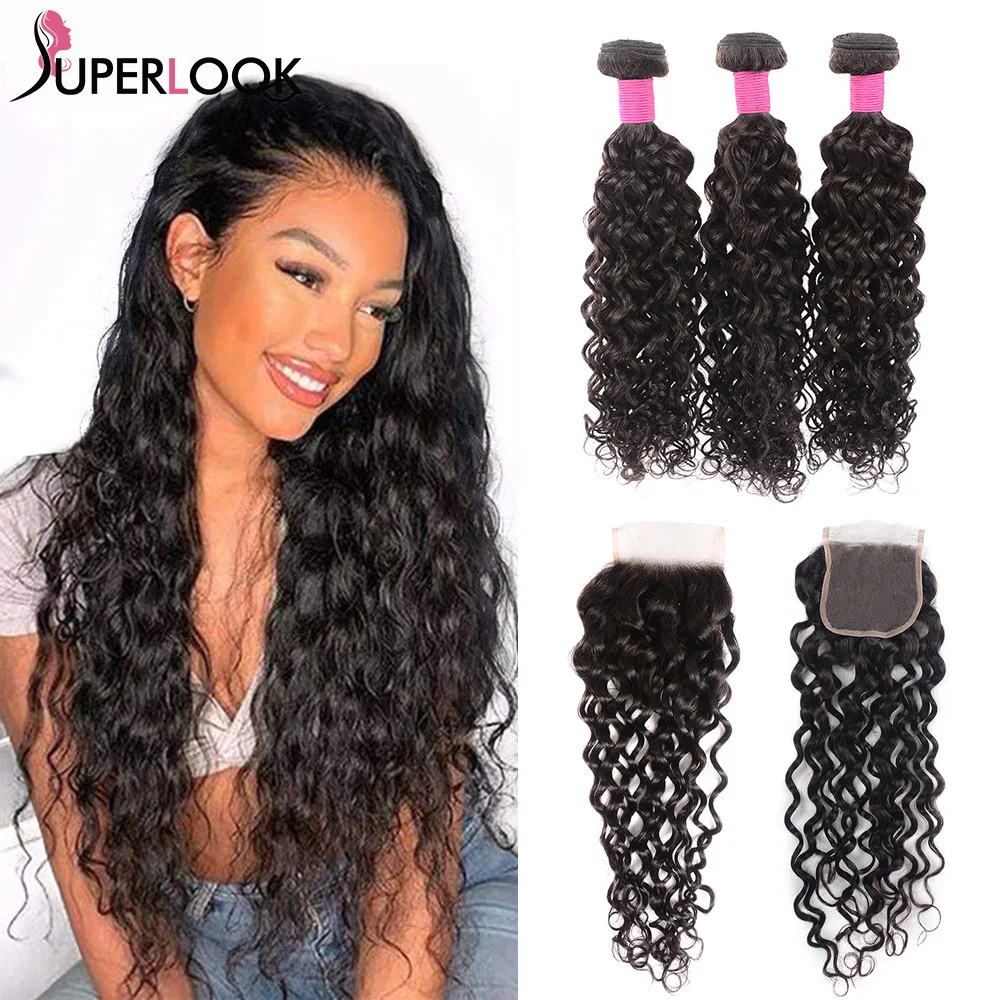 

Water Wave Bundles With Closure 2/3 Bundles With 4x4 Lace Closure Remy Brazilian Wet and Wavy Human Hair Bundle With Closure