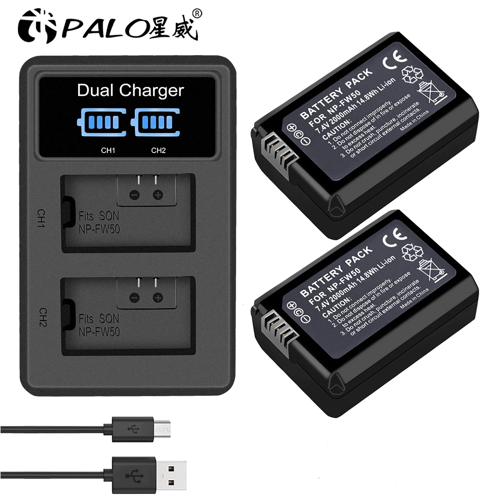 PALO 2 шт. 2000 мАч NP-FW50 NP FW50 батарея для камеры+ ЖК USB двойное зарядное устройство для sony Alpha a6500 a6300 a6000 a5000 a3000 NEX-3 a7R