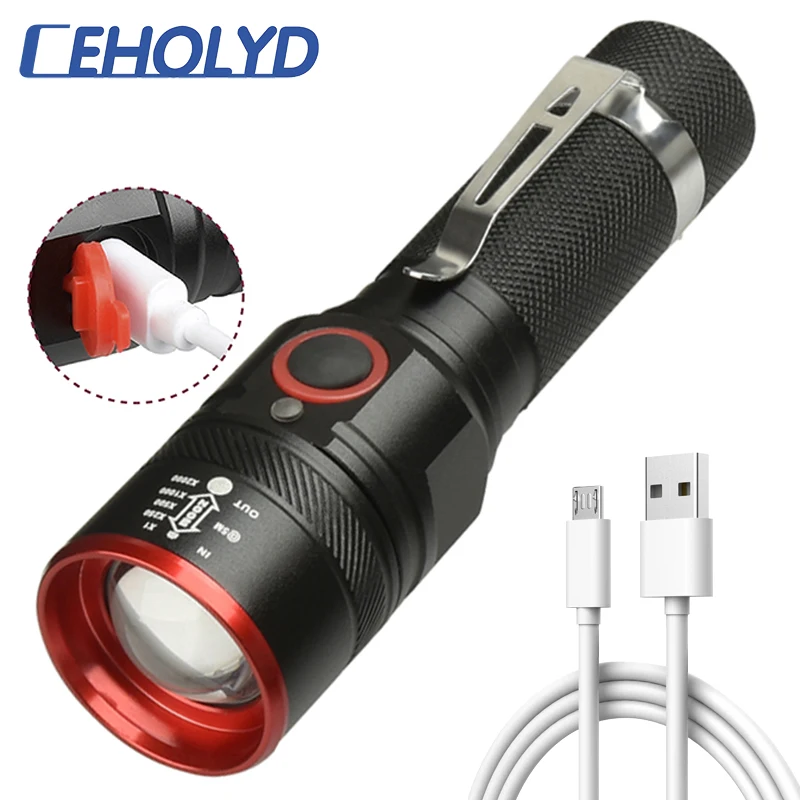 

LED Flashlight XM-L T6 Torch Waterproof Light Micro USB Port Lantern 4 Modes Zoomable for Camping Hiking