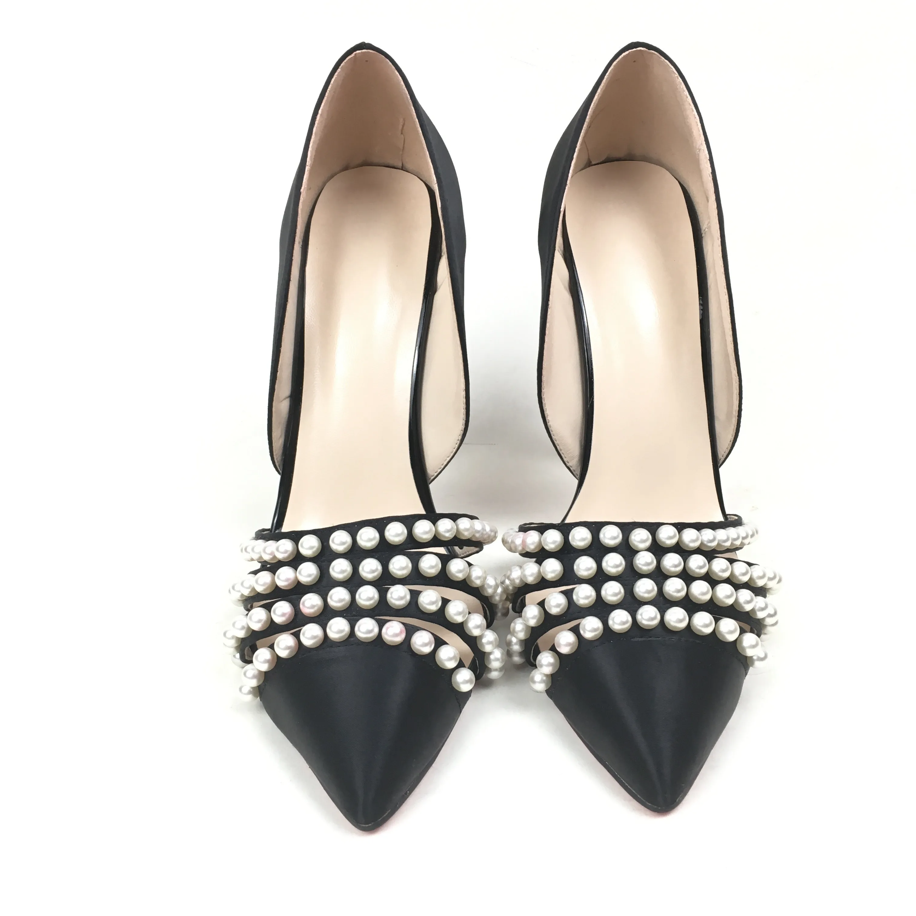 

Aiyoway New Design Pearl Studded Stiletto Pumps Lady Pointed Toe Satin High Heel Wedding Real Photos Dress Party Shoes