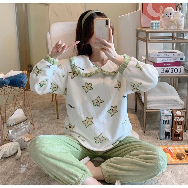 

Autumn and winter coral fleece pajamas women winter thickening Korean sweet and cute flannel winter home service plush suit