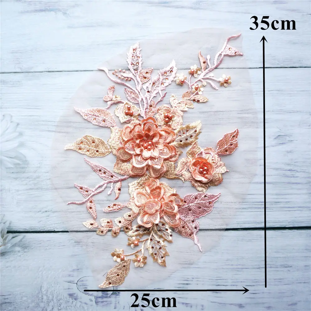 Apricot Pink Beads Lace Fabric Sequin 3D Flowers Embroidered Gown Appliques Collar Mesh Sew Patch For Wedding Dress Decoration | Дом и сад