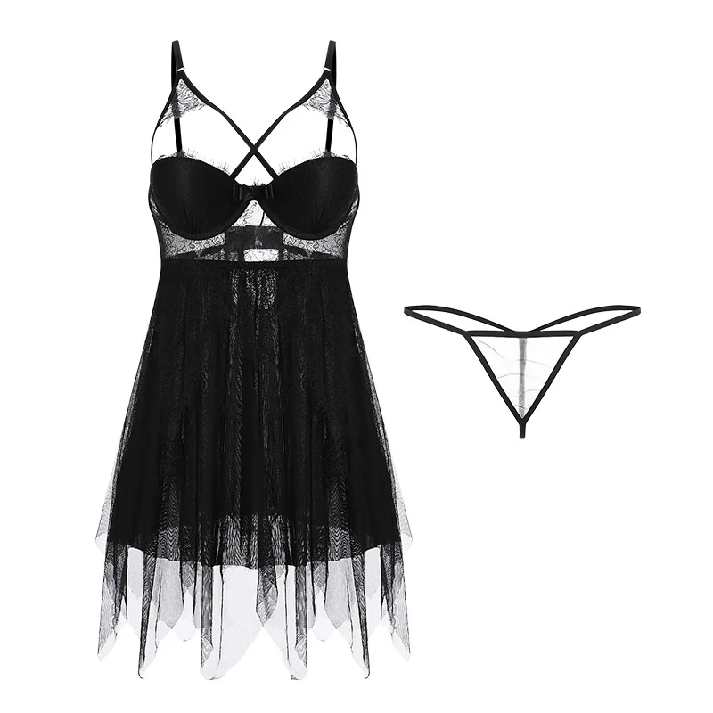 Sexy Fashion Pajama Set Sexy Lingerie Perspective Lace Tulle Nightwear Temptation Loungewear Women Sleepwear Home Clothes